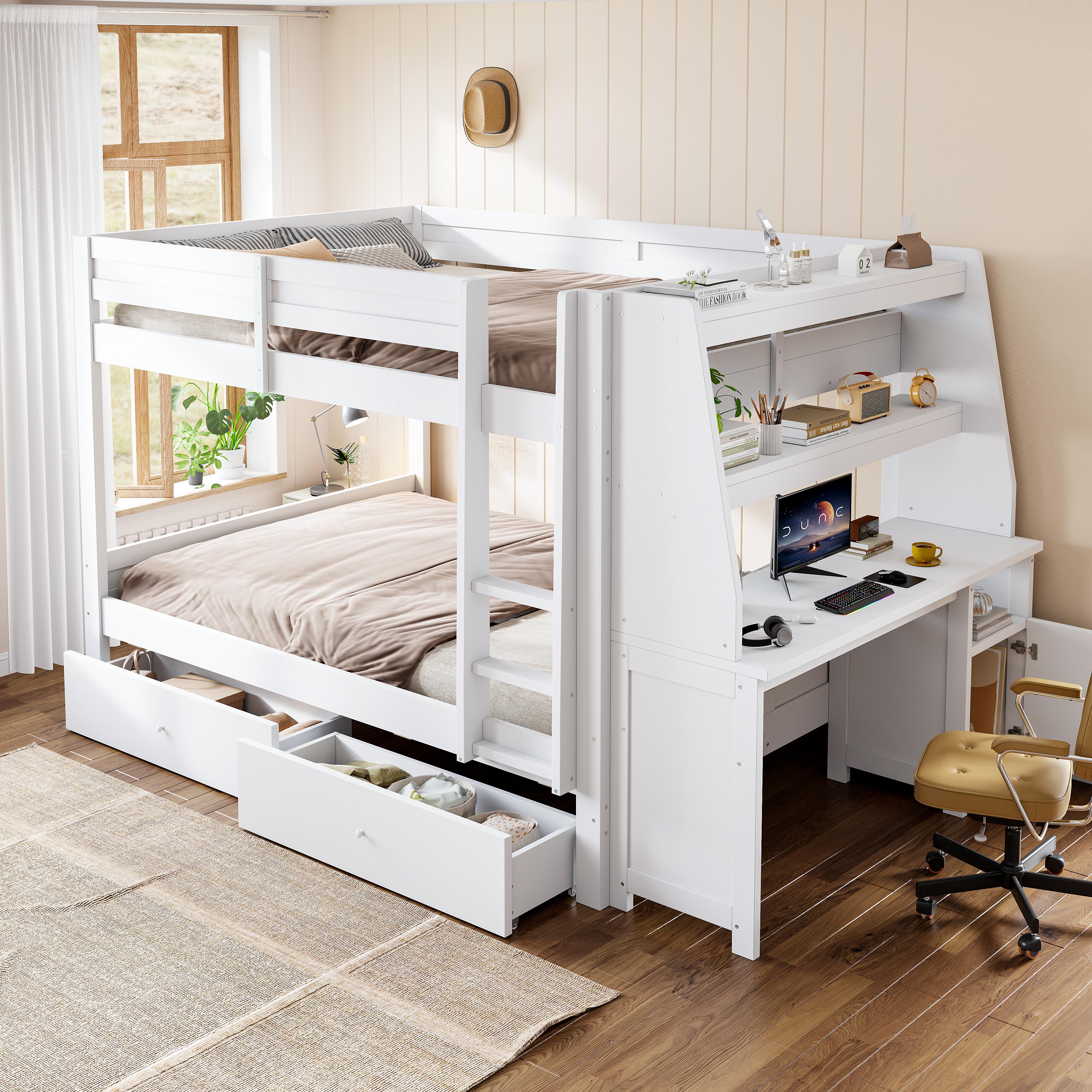 MODFU Etagenbett 140x200 mit eine Matratze,Jugendbett mit Schreibtisch, 2 Schubladen und Sicherheitsgeländer,Hochbett Kinderbett mit Stauraum und Arbeitsbereich,Weiß