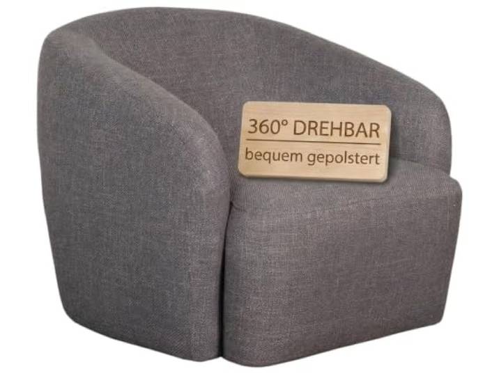 MR. DEKO® Loungesessel Loconia Grau I Drehbarer Polstersessel aus Stoff I Bequemer Dreh-Stuhl mit 360°-Funktion I Moderner Wohnzimmer Sessel mit Armlehnen I Lounge Sessel HxBxT 76x89x87 cm