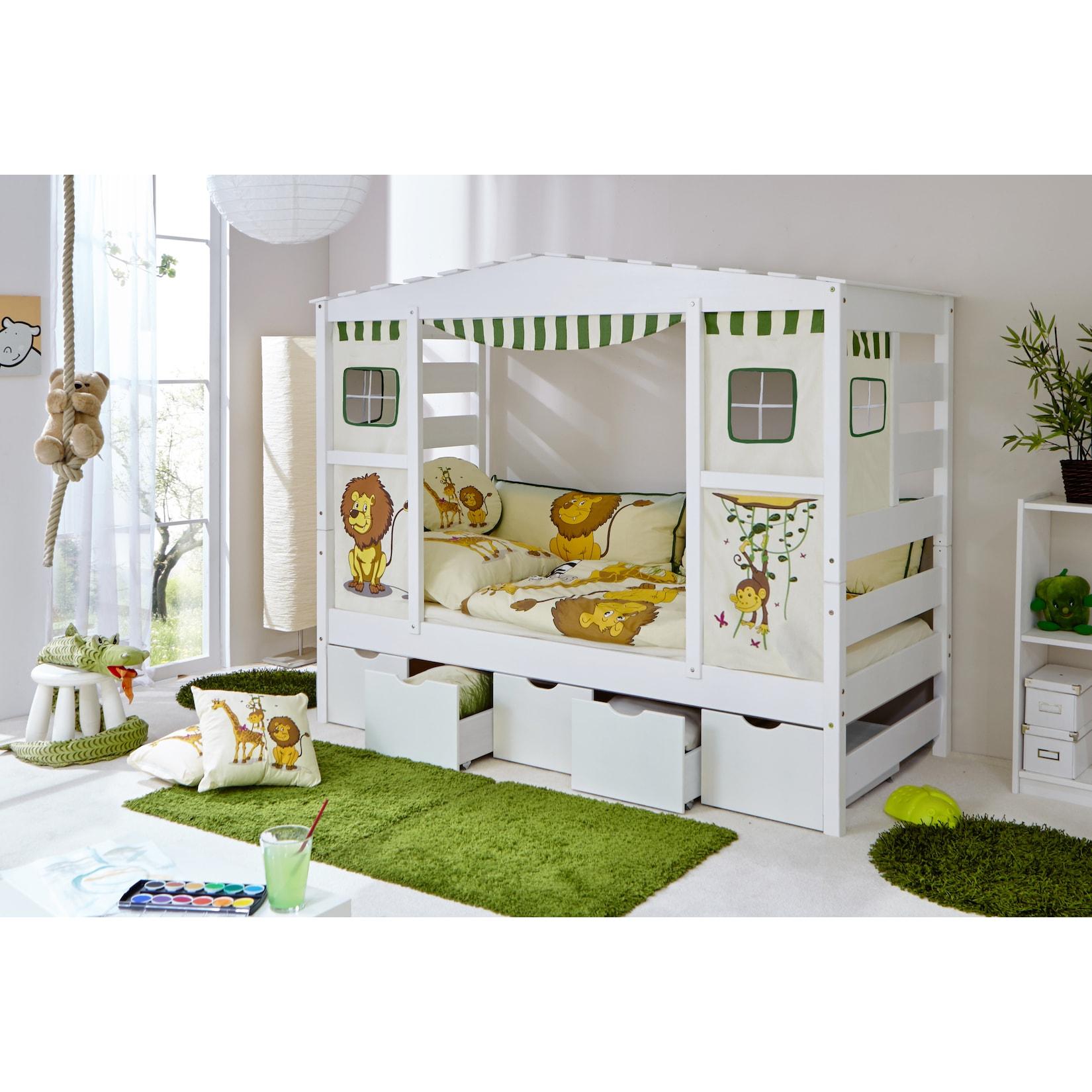 TiCAA Hausbett mit Bettkasten "Safari" Kiefer Weiß