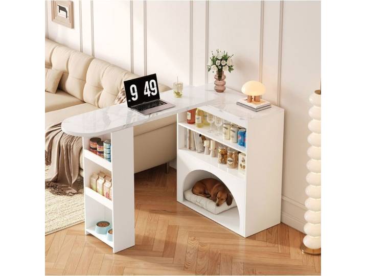 WOVREO Table bar extensible 120(+80)x40x100 cm plateau rotatif aspect marbre blanc rangements ouverts