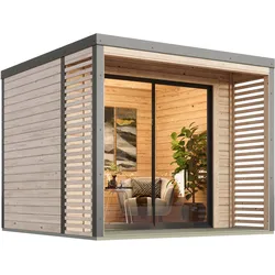 Karibu Design Gartenhaus Saturn A/B mit Aluminium Schiebetüre & Blechpaket - 38 mm Holz-Ausführung: naturbelassen Blech-Ausführung: graualuminium 276 x 276 cm