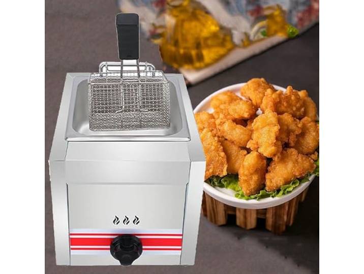 Gewerbliche Tischfritteuse mit Flüssiggasbetrieb, großem Edelstahlbehälter, einstellbarer Heizleistung, Frittierkorb und Deckel für Pommes frites