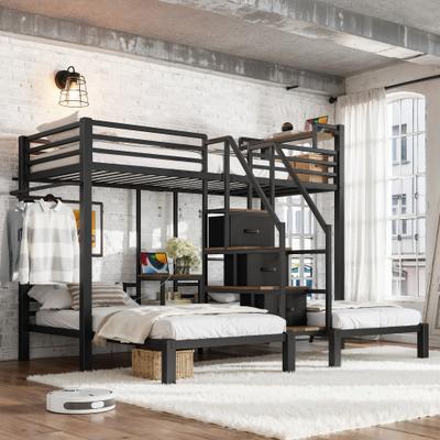 GREATPLANINC Twin over Twin Triple Bunk Bed with Storage Stairs Power Outlet Guardrails