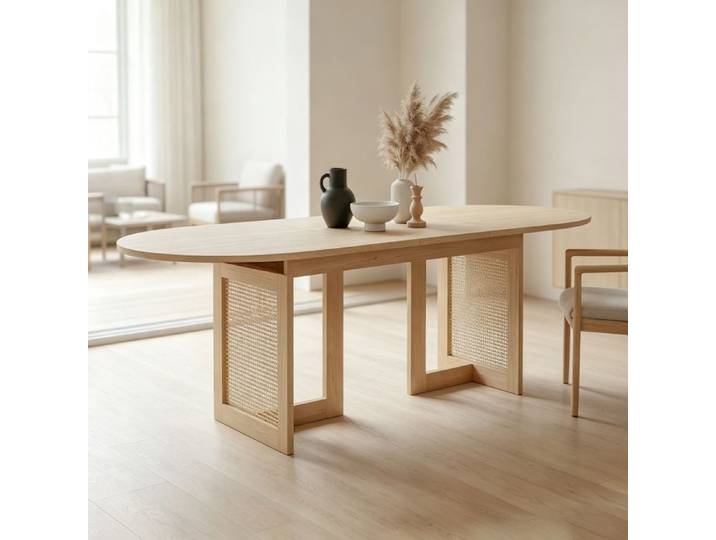Table à Manger Extensible 160/200x90cm Table de Cuisine pour 6 à 8 Personnes Table à Manger Ovale Pieds de Table en Rotin Chêne