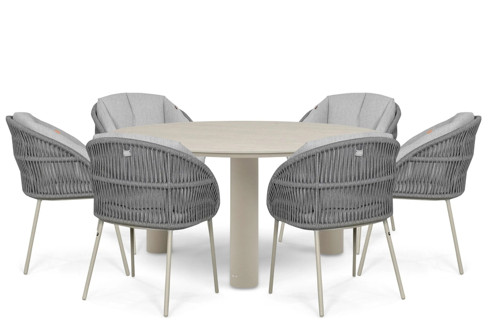 Santika Pebble/Trino 7-delige moderne ronde tuinset met grijze tafel van 158 cm