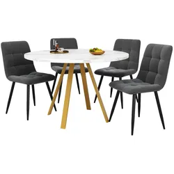 STILVORA Esstisch Set 5-teilig mit 4 Samtstühlen 75x80x80 cm Weiß+Gold MDF Metall, runder Tisch für Küche Esszimmer, modern