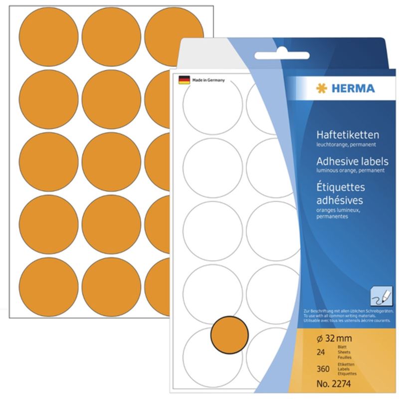 Herma 2274 leuchtorange Vielzwecketiketten 3.2x3.2 cm (24 Blatt (360 Etiketten))