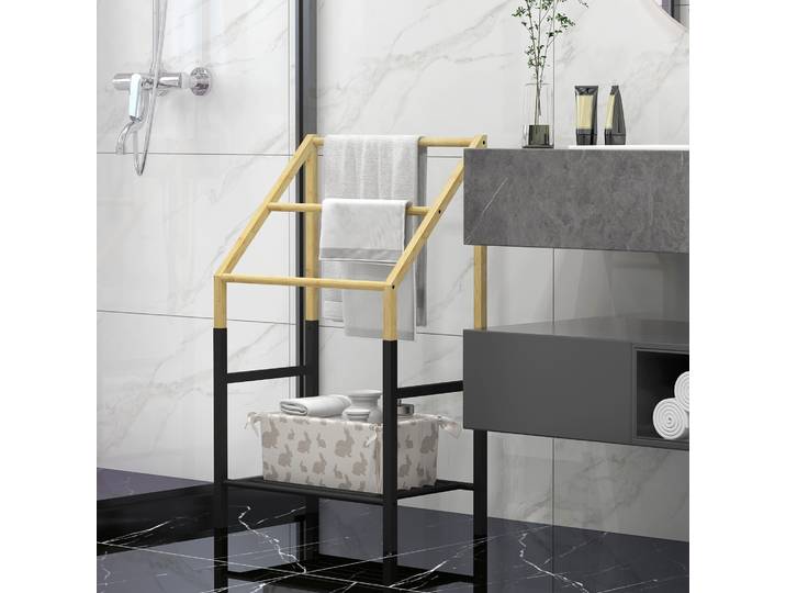 HOMCOM Porte-Serviettes Bambou 3 Barres avec Étagère Bois Naturel