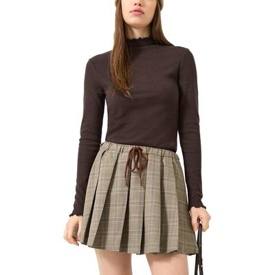 Langarmshirt QS, Damen, Gr. L, braun, Rippware, Obermaterial: 50% Viskose, 28% Polyester, 22% Polyamid, unifarben, körpernah hüftbedeckend, Rundhals, gewellter Abschluss, Shirts Langarmshirt, Rippshirt mit Kräusel-Kanten / Viskosemix