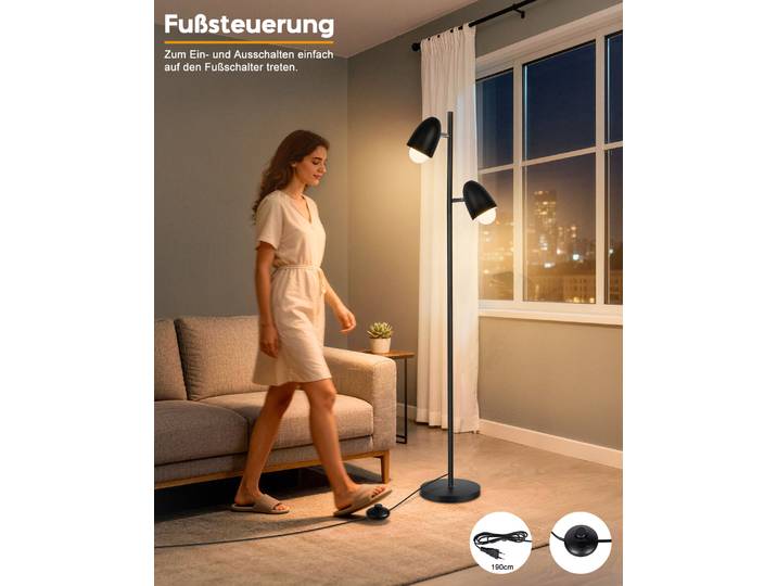 Lampe sur pied industrielle 163 cm en métal noir rétro, 2 ampoules LED E27 incluses pour salon, chambre, bureau