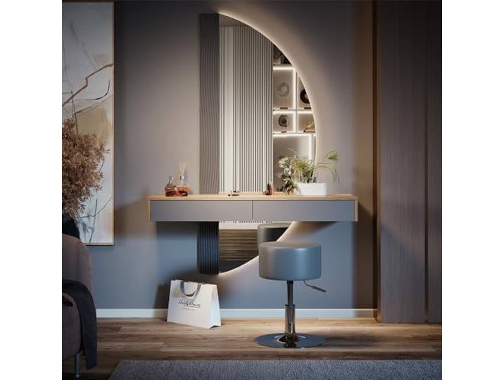 Vicco Schminktisch Melisa, Grau 120 cm LED-Spiegel · Hocker · 2 Schubladen · Wandhängend · Halbrunder Spiegel