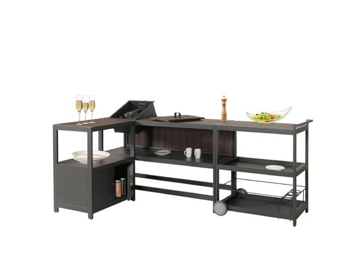 Mendler Outdoor-Küche 3-teilig HWC-M64 - anthrazit, dunkle Holzoptik Außenküche, Garten, Servierwagen, Eiskübel, Schrank, Aluminium