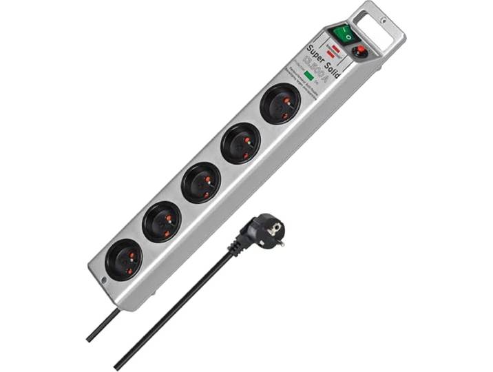 Brennenstuhl Bloc multiprise Super-Solid 5 Prises Parafoudre 13500A 2\,5m 5 prises orientées à 45 degrés 2P+T 16A 230V\, parasurtenseur\, interrupteur\, disjoncteur\, voyant protection\, boîtier PC\, gris