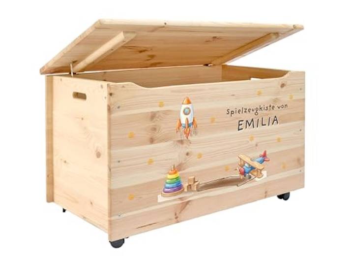 Pinus Spielzeugkiste personalisierbar 90x48x51 cm mit Deckel Rollen Kiefernholz, Wunschname personalisiert, große Aufbewahrung, für Spielzeug Decken Erinnerungen, Kinderzimmer Geschenk Geburt