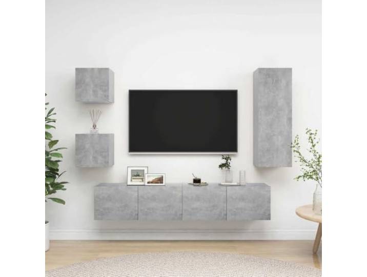 HEFZGDB 5-TLG. TV-Schrank-Set Betongrau Holzwerkstoff Wandmontage Stauraum Organizer