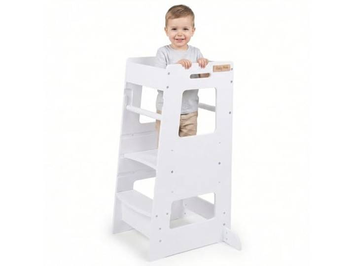 KiddyMoon Lernturm Für Kinder Ab 1 Jahr, Anti-Kipp-Schutz, 3-Fach Höhenverstellbar, Schutzbügel, Montessori Küchenhelfer, Weiß