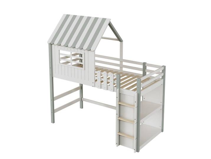 Okwish Kinderbett 90/200 cm grün aus Massivholz mit Dachform Leiter und Lattenrost, Grün, 90x200 cm, Babymöbel & Kindermöbel, Kinderzimmer & Jugendzimmer, Kinderbetten