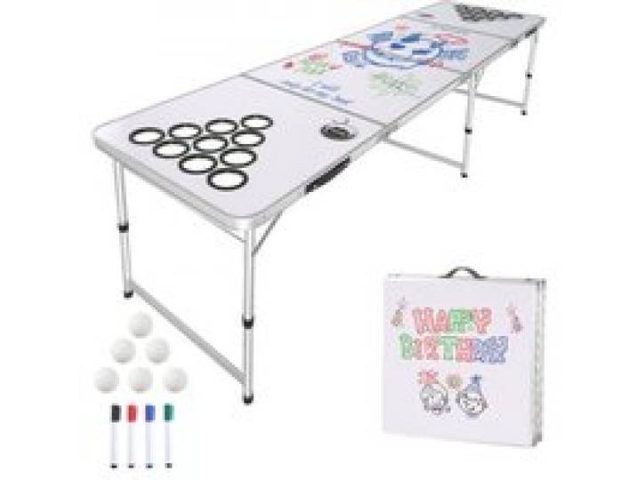 VEVOR Klappbarer Bierpong-Tisch 2,4 x 0,6 x 0,7 m mit 6 Tischtennisbällen, Beer-Pong-Tisch Höhenverstellbar mit Tragegriffen & Abwischbaren Markern, für Büro, Grillpartys, Reisen & Camping