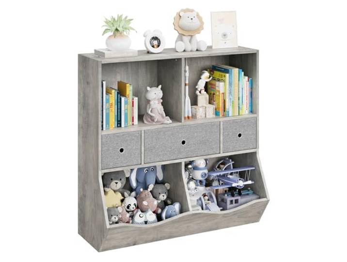 Euker Kinder-Bücherregal & Spielzeug-Organizer, Mehrzweck-Aufbewahrungsregal mit 2 Regalböden, 2 Fächern & 3 herausnehmbaren Schubladen, für Kinderzimmer/Spielzimmer/Kindergarten/Flur - Farbe: Grau