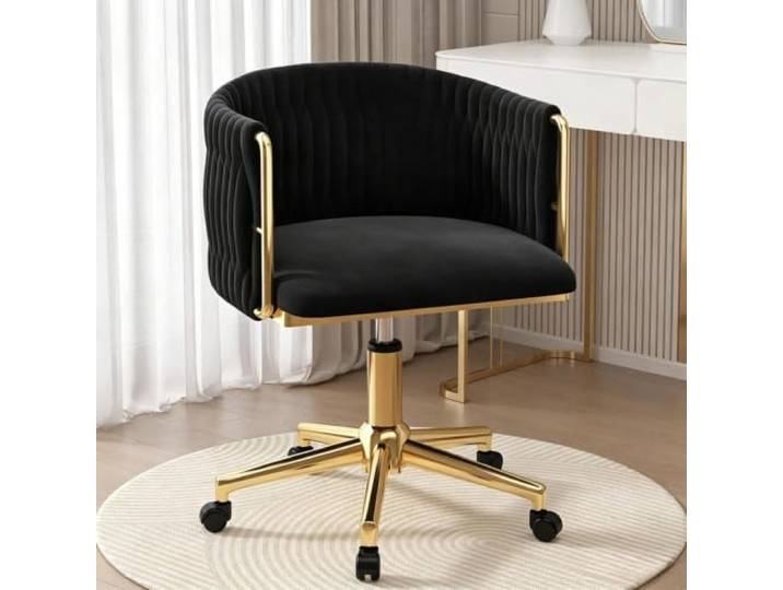 Verstellbarer Samt-Waschtischstuhl Mit Metallgestell, 360° Drehbar Ergonomischer Stuhl mit gebogener Rückenlehne, geeignet for Ankleiden, Büro und Maniküre(Gold Legs,Black)