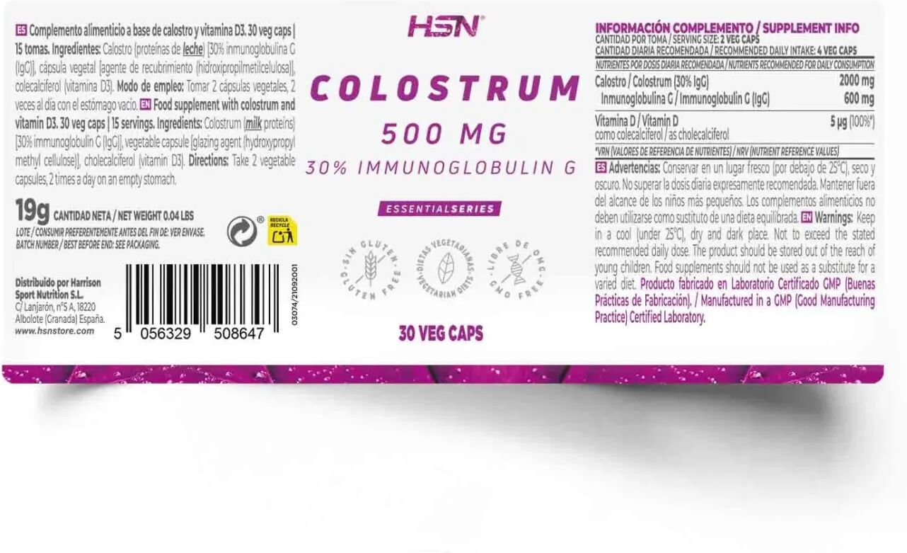 HSN Calostro 500mg - 30 veg caps - Sistema Inmune - Cápsulas Vegetales - 15  Servicios