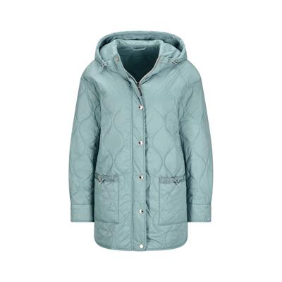 Steppjacke GOLDNER "Stilvolle Übergangsjacke mit Kapuze", Damen, Gr. 40, grün (graugrün), Obermaterial: 100% Polyamid PA., weit, Jacken Steppjacke, Bänder an der Innseite der Knopfleiste