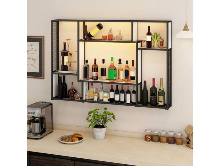 120x80cm Étagère Murale avec Lumière LED RVB 7 Compartiments Étagère Flottante en Métal