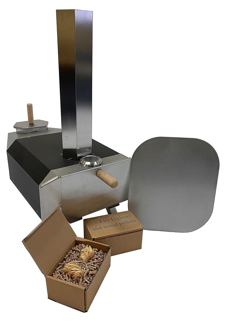 Pizzaofen Holzofen Pizzaherd - 12 Zoll - Edelstahl - Mit Thermometer und Pelletschale - Für Terrasse und Camping