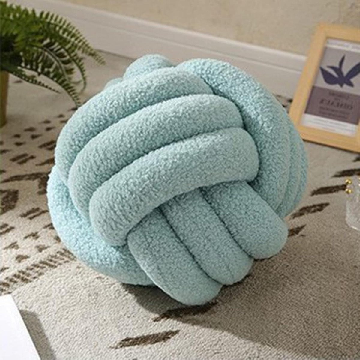 Lichtblauw Pluche Knoopkussen - Rond Sierkussen - Diameter: 22 cm