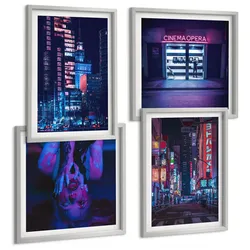 BILDER SET 4er Set - 50x50 cm & 40x60 cm Silberner Rahmen - Nachtstadt mit Neonlichtern