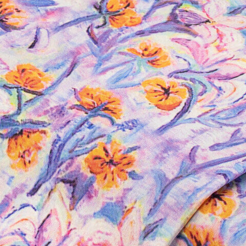 Viskose-Blusenstoff/Javanaise "Blumen", lila/orange