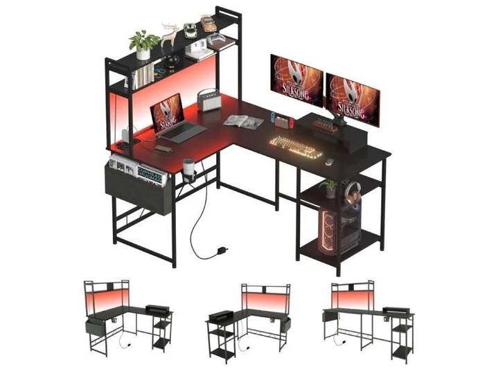 Bureau d'angle - SANODESK - Bureau Gaming 120x140cm - Prise 2x + 2 USB - LED 10 couleurs - Rangements