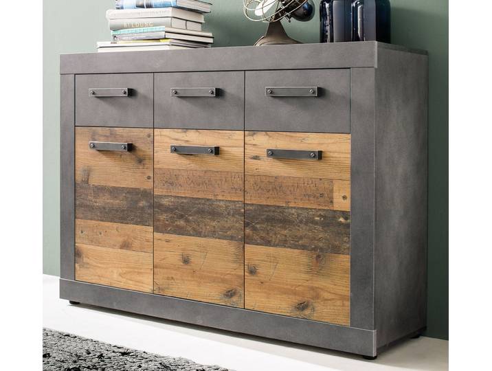 Sideboard Kommode Indy , Old Used Wood / Matera grau , 117x86 cm , Shabby Look