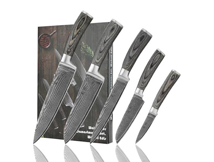 Wakoli 5er Damastmesser-Set mit VG10-Stahlkern und grauen Pakkaholzgriffen EDIS: Küchenmesserset aus 67 Lagen Damaststahl mit Kochmesser, Fleischmesser, großem und kleinem Santoku sowie Officemesser.