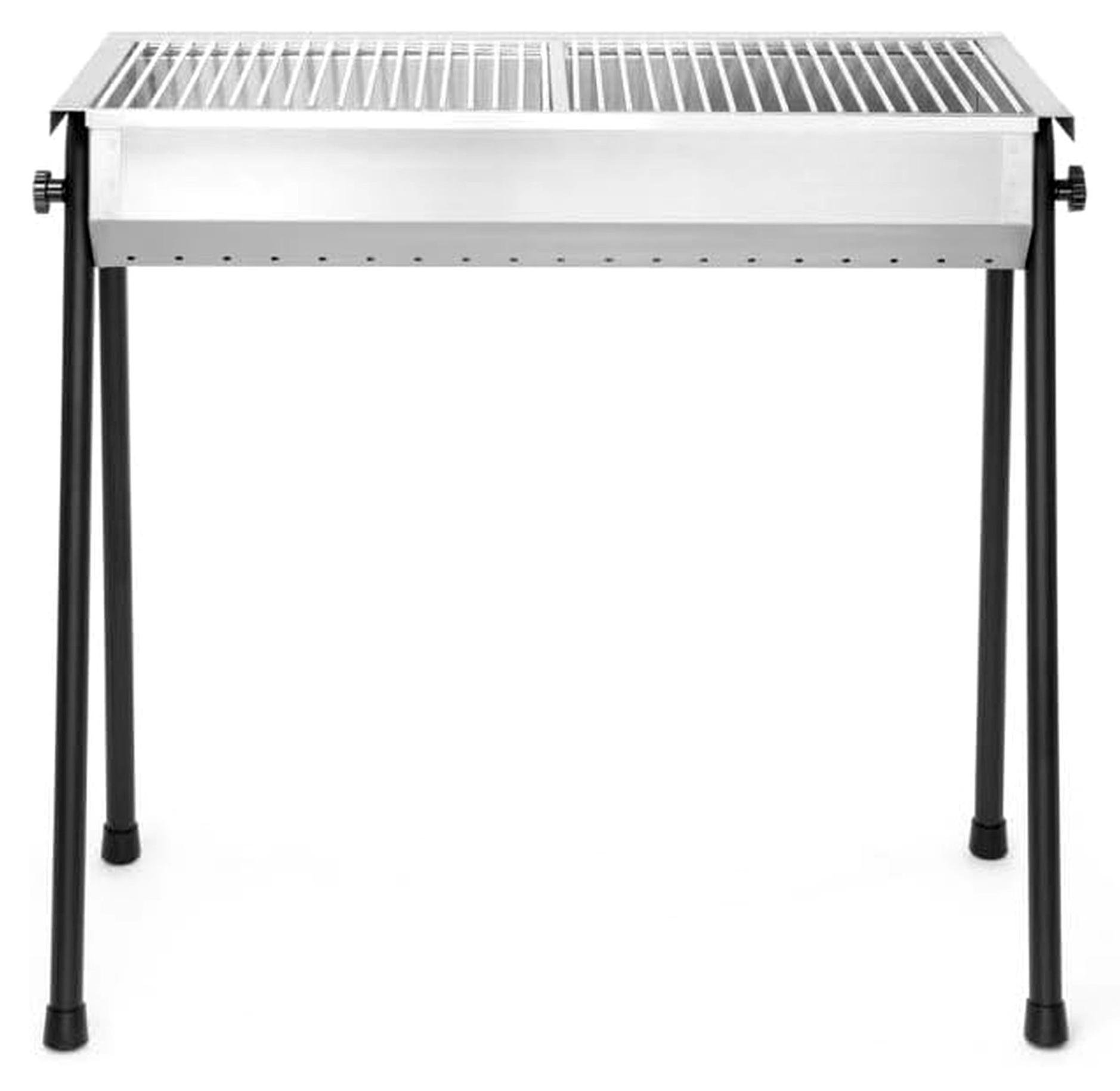 Holzkohlegrill mit 2 Rosten von je 345x345mm, abnehmbaren Füßen und Bräter, für den Außenbereich, 770x380x(H)760, Edelstahl 18/0