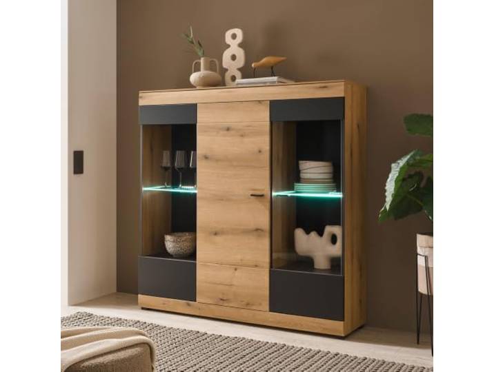 Lomadox Wohnzimmer Highboard mit LED Beleuchtung, Eiche mit Graphit matt, 140 cm breit, Softclose