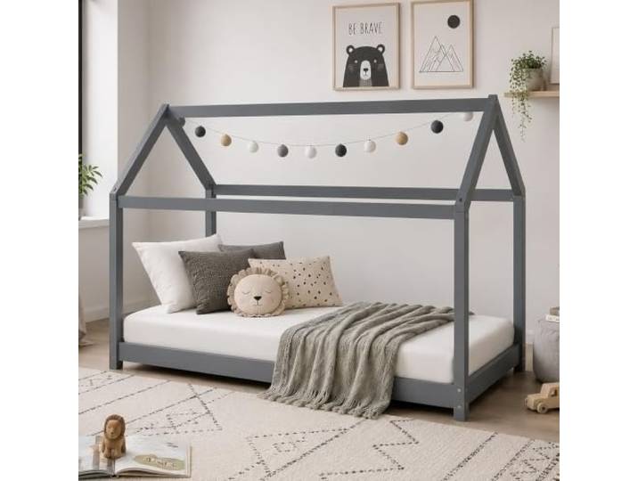 Homestyle4u Hausbett 90x200 Grau Kinderbett Bodenbett Kiefer Montessori Bett aus Massivholz skandinavisches Hausdesign inkl. Lattenrost für Jungen & Mädchen