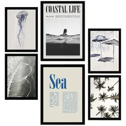 POSTER Set Mit 6 Marineblau Blau Meer & Sommer A3 & A4 Schwarzer Rahmen