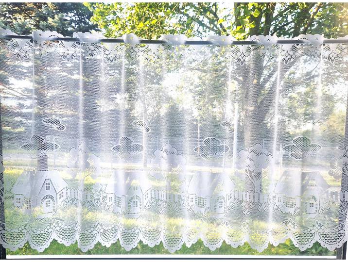 Scheibengardine STICKEREIEN PLAUEN Häuschen Gr. 4, weiss (weiß), B:160cm H:50cm, Polyester, Gardinen, Scheibengardine