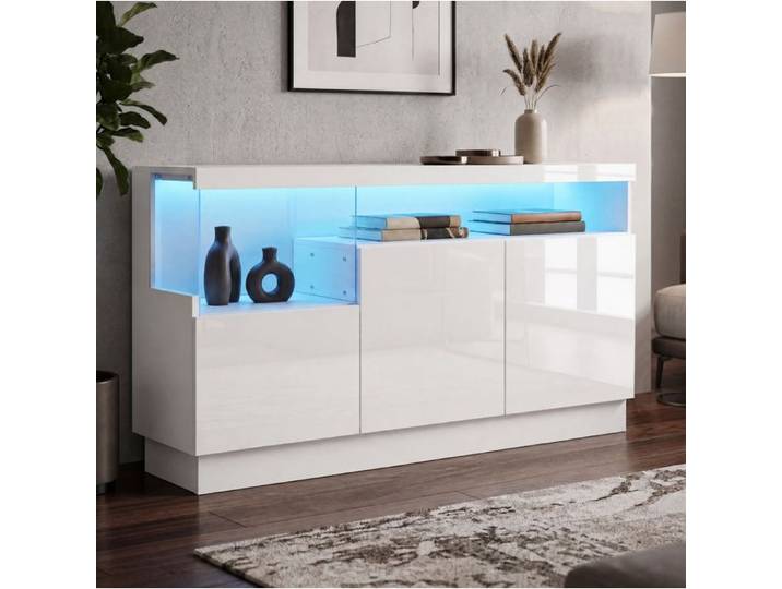 Buffet bas 3 portes avec éclairage LED commandé par application et niche acrylique - LPOSPI - PB et MDF blanc brillant