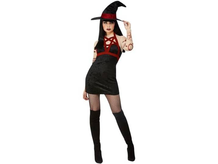 Fever Satanic Witch Costume, Black, Dress, Hat & Shoulder Harness (S)