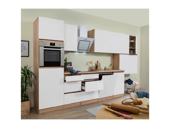 Küchenzeile Lorena VI 380cm Weiß/Hochglanz Weiß/Eiche Dekor mit Elektrogeräten