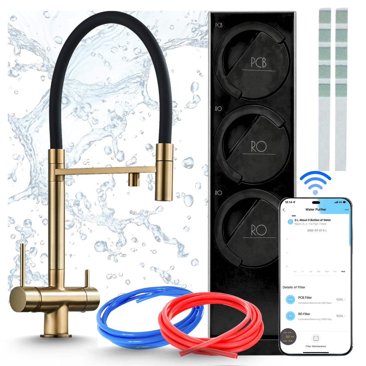 Küchenarmatur Mit Umkehrosmose-Wasserfilter Ari Highflex, Zweigriffarmatur, Keramikkartusche, Perlator, Einlochmontage, Messing Wifi, Gebürstetes Gold
