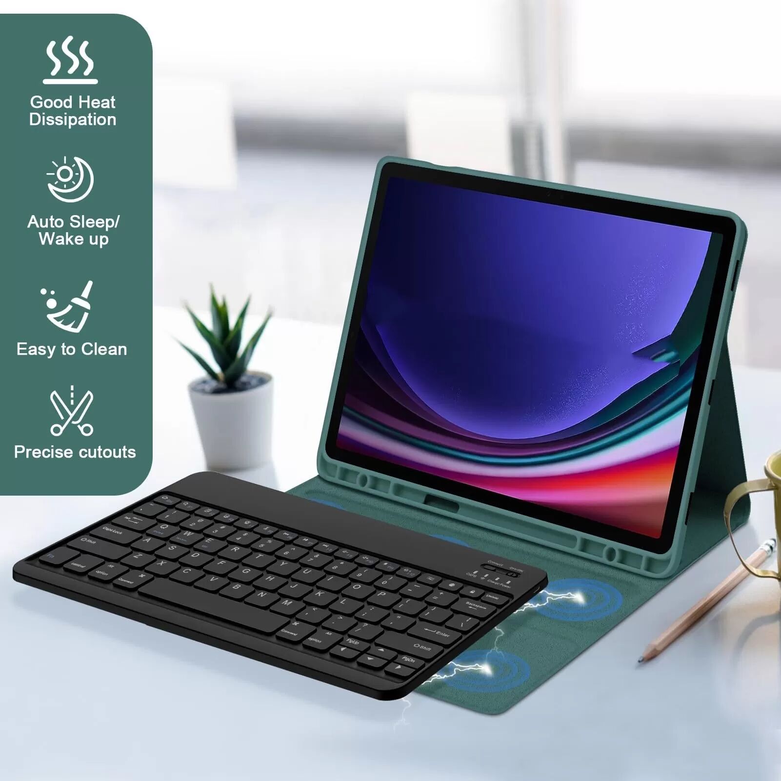 INF Bluetooth Tastaturhülle + Tastatur kompatibel mit Samsung Galaxy Tab S7+/S7 Plus 12,4 Zoll - Dunkelgrün