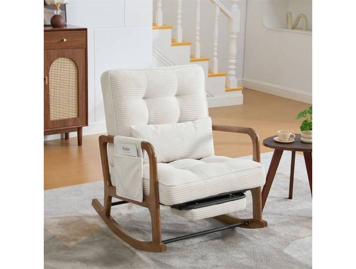 Fauteuil à Bascule - 70x80x92cm - Rocking Chair Inclinable Repose-Pieds Poche Velours Côtelé Allaitement Salon - Beige