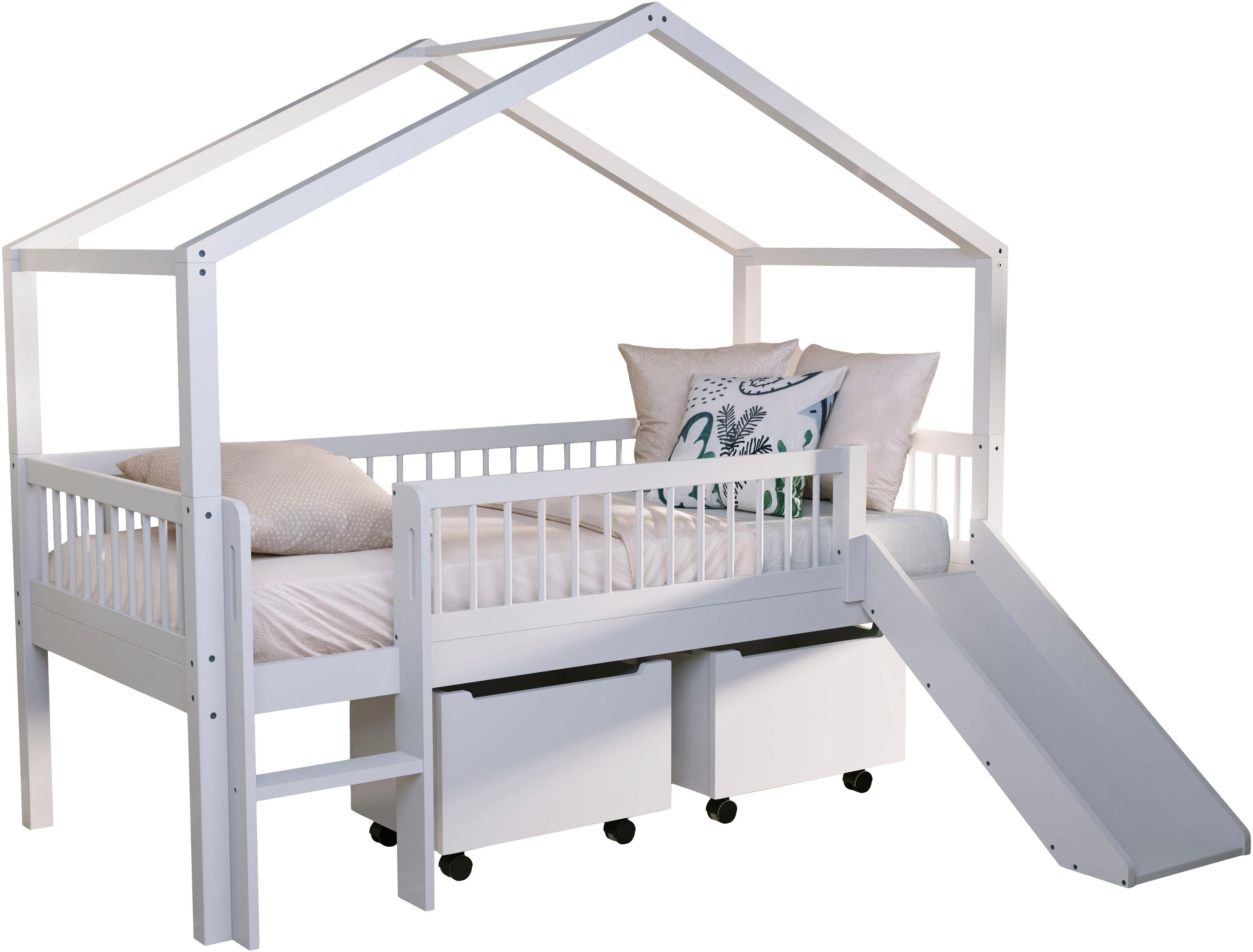 Hausbett VIPACK "Inkl. Dachaufbau, Leiter, Rutsche und Rolllattenrost, Made in Europe", weiss (weiß, weiß, weiß), B:175,8cm H:185cm L:207,5cm, Betten, Hausbett, hochwertig und stabil bebaut, Buche massiv weiss lackiert weiß, weiß, weiß Liegefläche Länge B