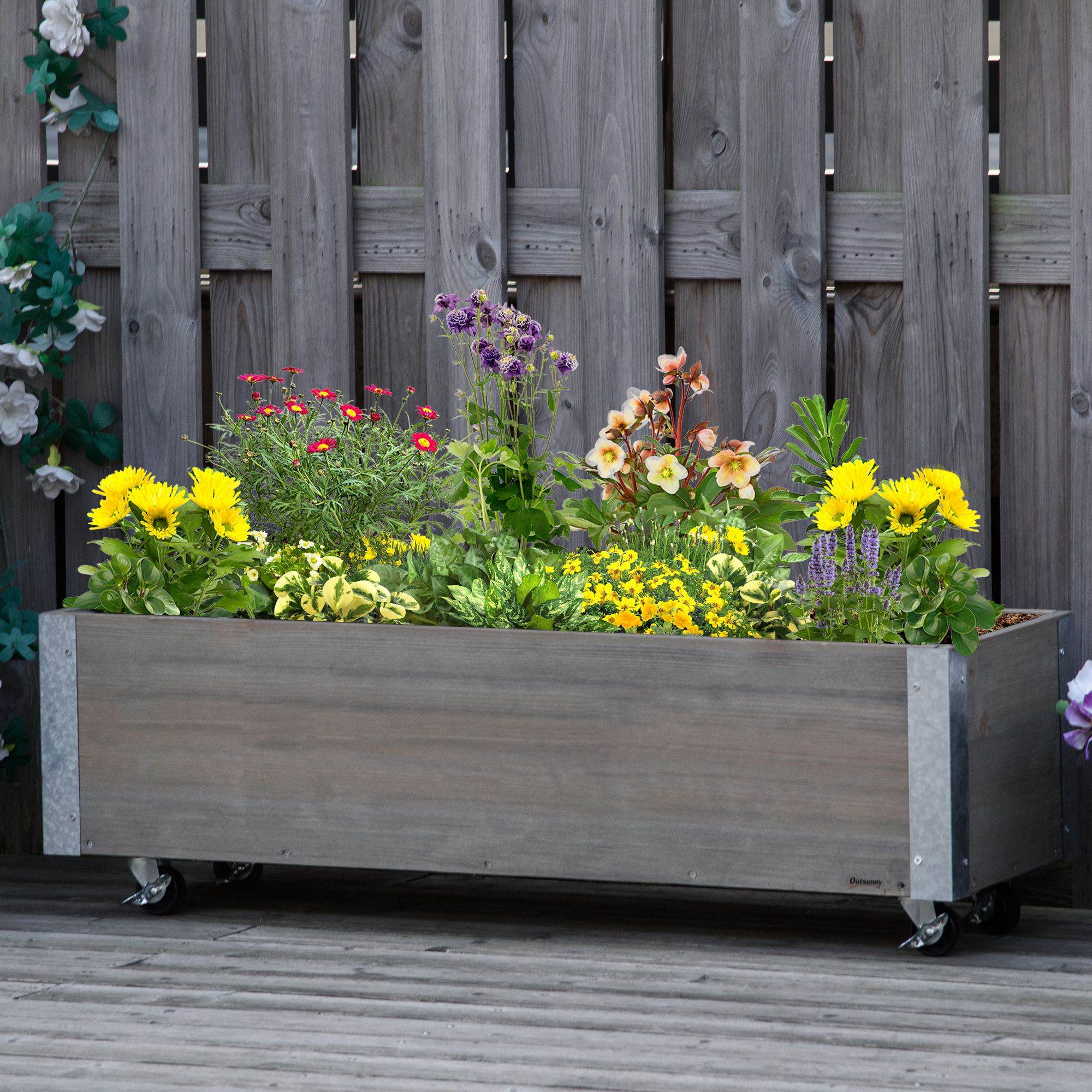 Outsunny Fioriera Rettangolare in Legno di Abete con Ruote e Freno, 96x30.6x30 cm, Grigio