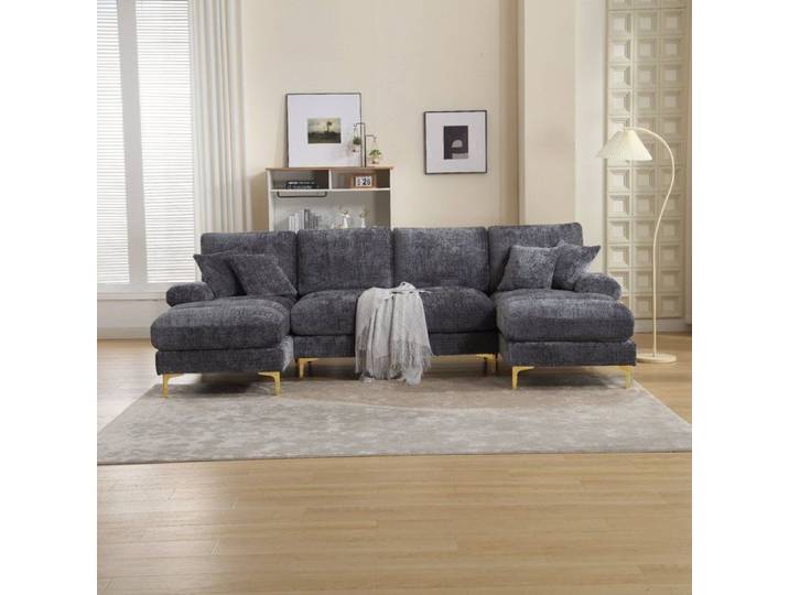 Canapé sectionnel moderne en chenille en forme de U avec coussins pour salon chambre bureau appartement – Gris