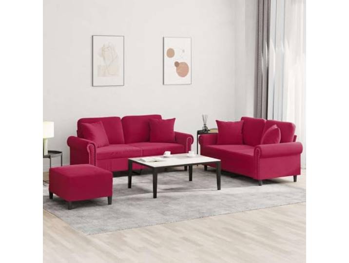 HEFZGDB 3-TLG. Sofagarnitur mit Kissen in Weinrot Samt, Weiches Samtstoff Sofaset mit Robustem Gestell aus Sperrholz und Metall, Bequeme Polsterung für Entspannung, Vielseitiger