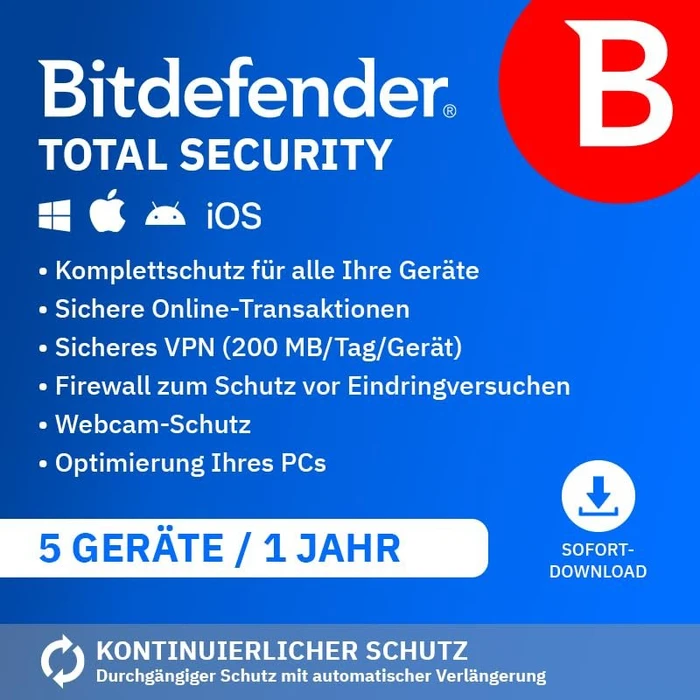 Bitdefender Total Security für 5 Geräte für 1 Jahr  (ESD)